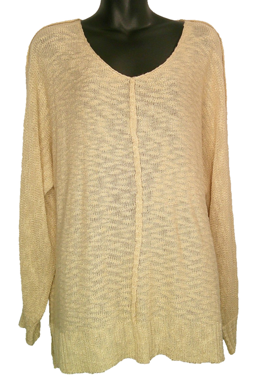 Mittoshop Women's 1x Beige V-Neck Long Sleeve Pullover Lightweight Sweater